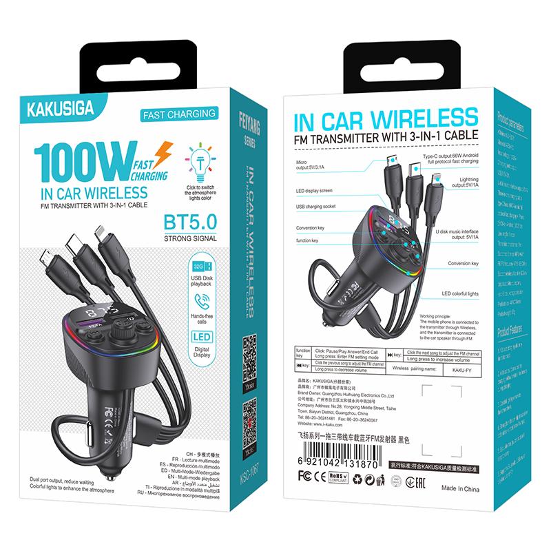Kaku (KSC-1067) - Modulator FM | BT cu Cablu 3 in 1, USB-C/Lightning/MicroUSB, 3A, 2xUSB-A, 65W, Functie HandsFree, Black
