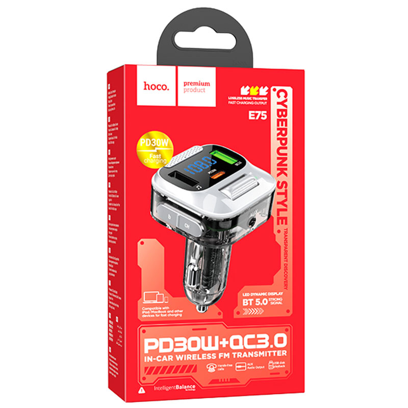 Hoco (E75) - Modulator FM | BT, 30W, 1xUSB-C, 1xUSB-A, PD, QC 3.0, Black