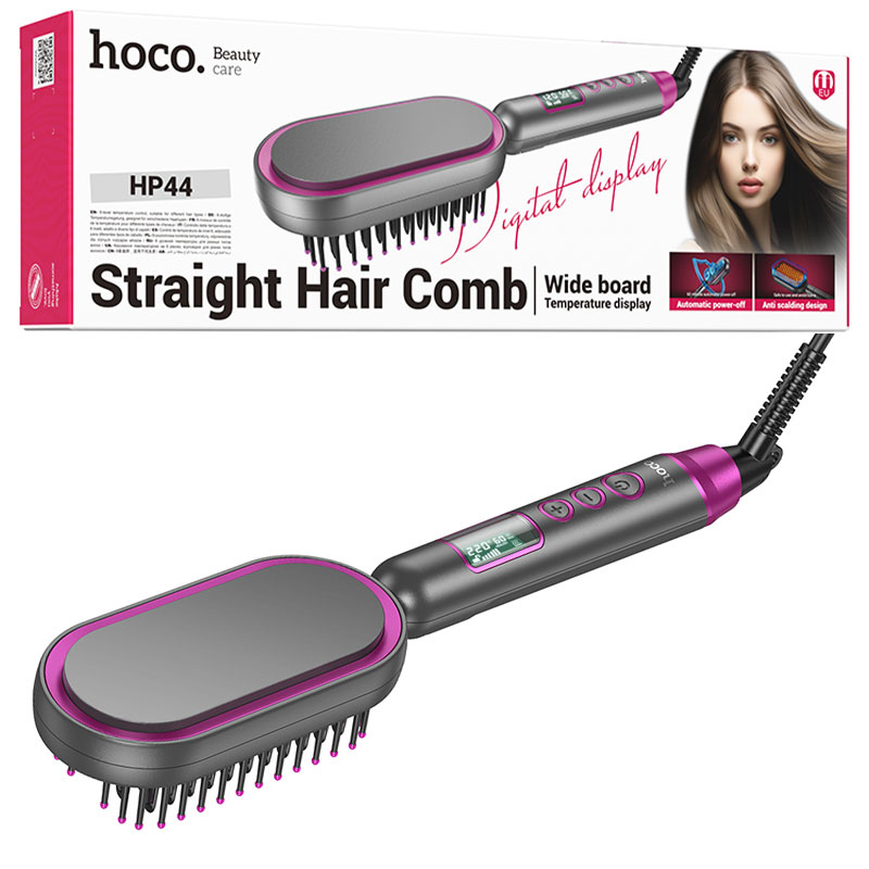 Hoco (HP44) » Perie electrică de îndreptat părul, temperatură reglabilă, afișaj digital, Rose RED