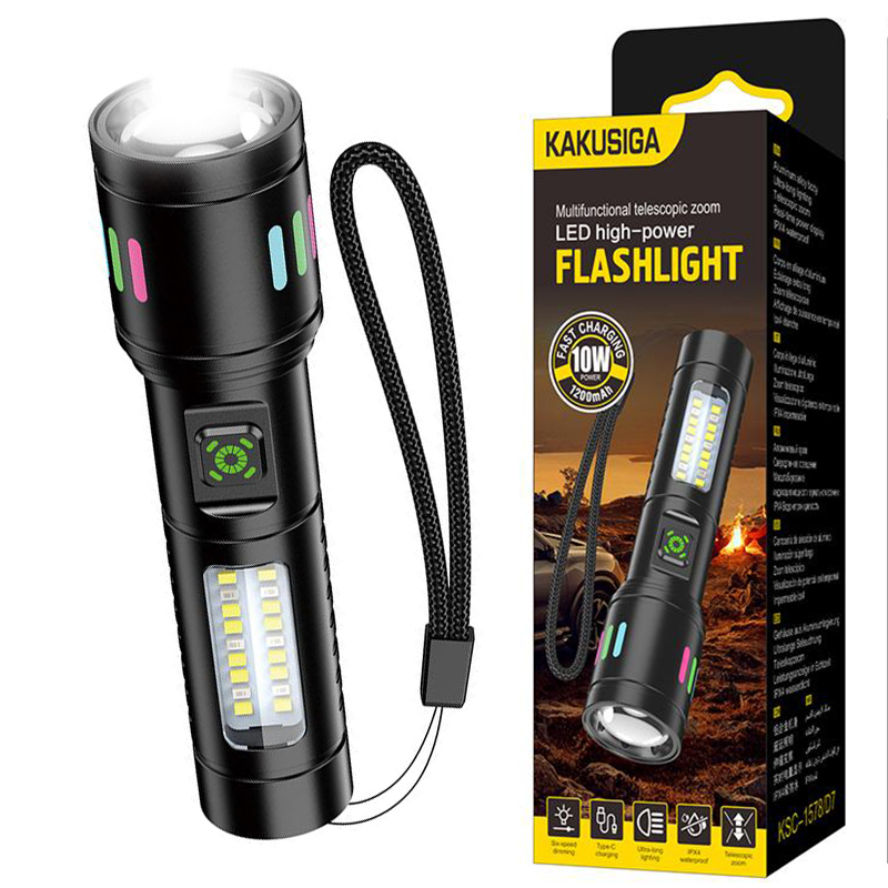 Kaku (KSC-1578) » Lanterna LED, Zoom radius 500m, 5 tipuri de iluminari, utilizare ~2h, + laterna laterala, 1200mAh, BLACK