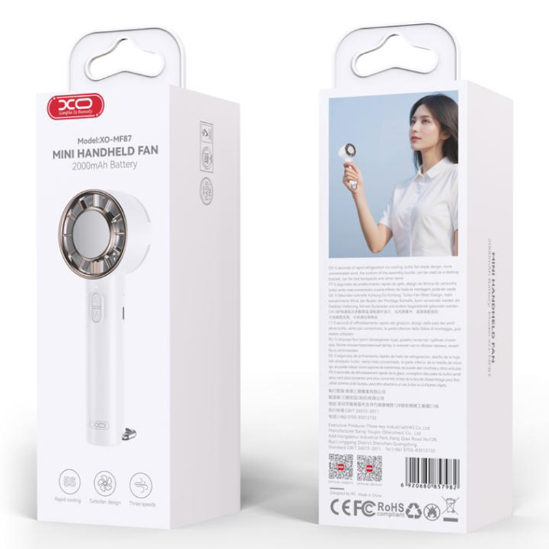 XO (MF87) Mini ventilator portabil, 3 trepte de viteza, 2000mAh, Cooling Ice, WHITE