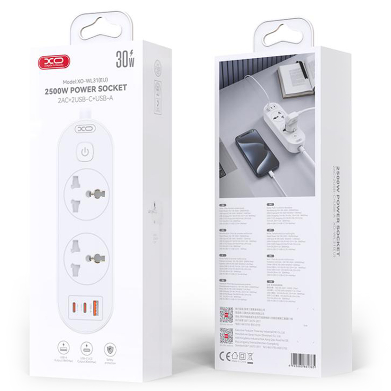 XO (WL13) Prelungitor Priza, PD30W, 2xUSB-C, 1xUSB-A, 2xSchuko 1.5m, WHITE