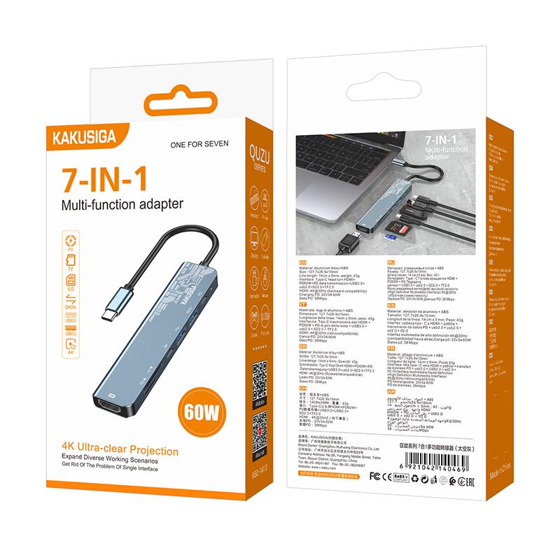 Kaku (KSC-1413) - Hub USB, Date si Incarcare, USB-C la HDMI, SD Reader, 7 in 1, GRAY