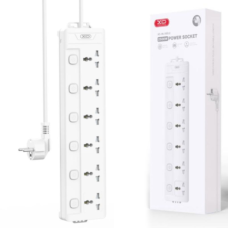XO (WL18) - Prelungitor electric 6AC cu intrerupator independet, White