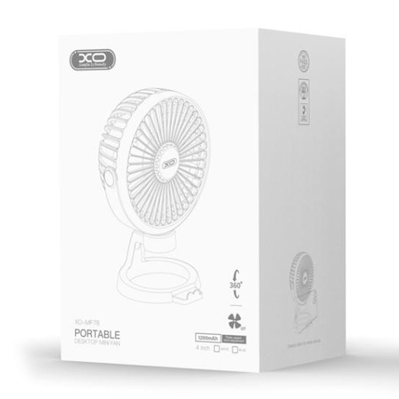 XO (MF78) - Mini ventilator de birou, reincarcabil, 4", 3 viteze, 1200MAh | Blue