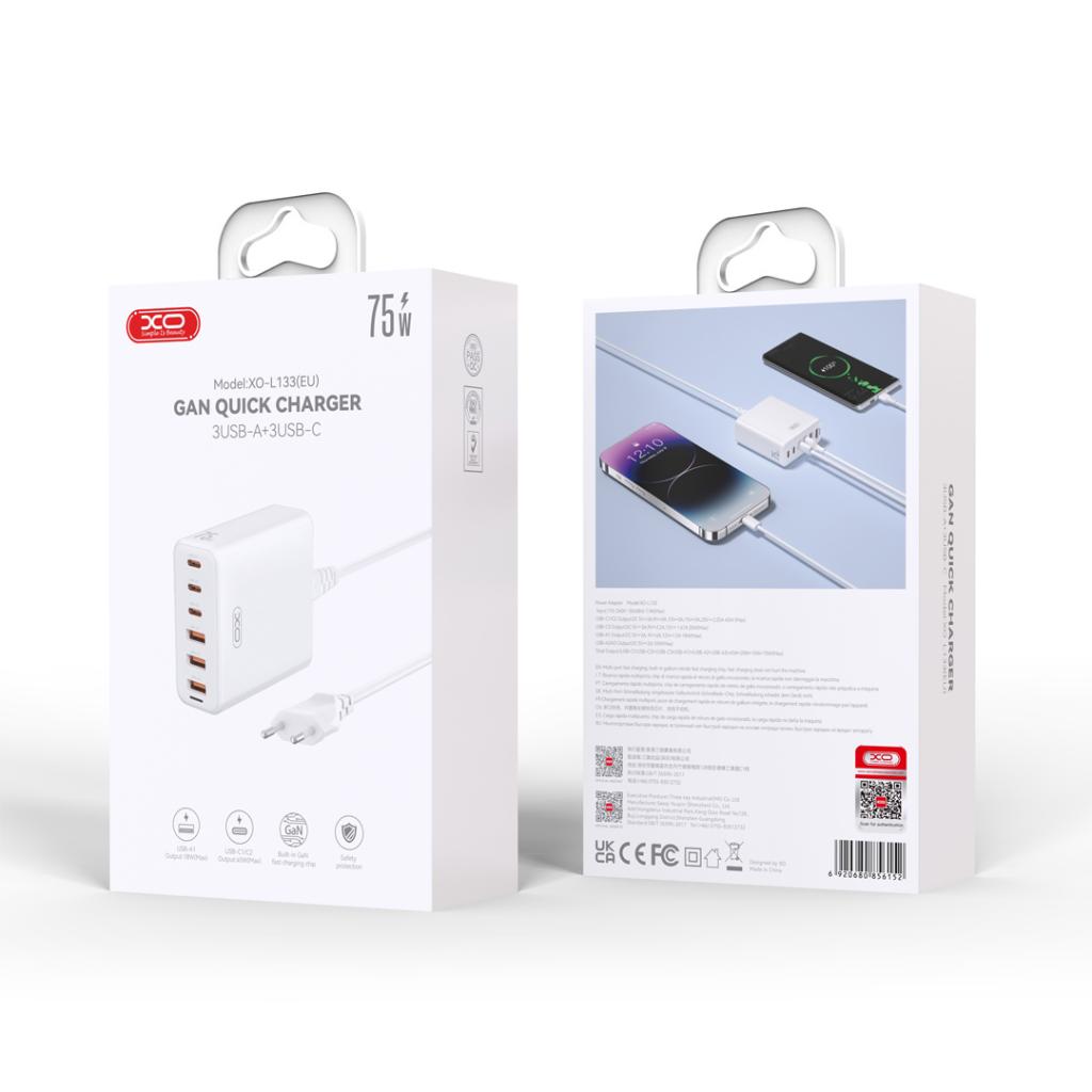 XO (L133) - Statie incarcare, GaN, PD75W, 3xUSB-C, 3xUSB-A, cablu alimentare 1.5m, White