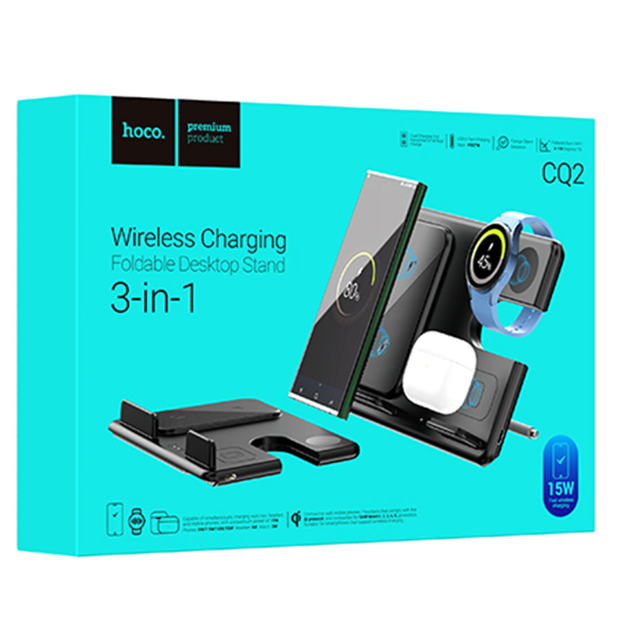 Hoco (CQ2) - Statie Incarcare Wireless, SAM Series, 5V, 3A, Desktop Stand, Magnetic, 3 in 1, Black