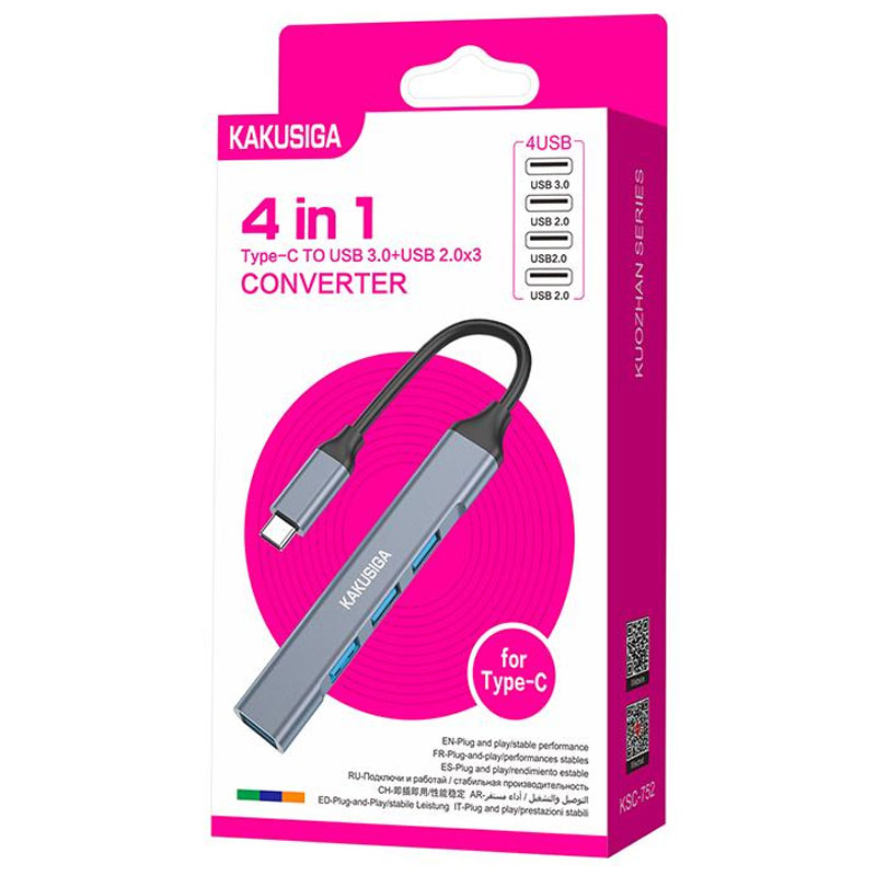 Kaku (KSC-752) - Hub USB, Multiport, USB-C la USB-A 3.0, 3 x USB-A 2.0, 4 in 1, Gray