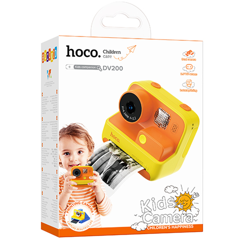 Hoco (DV200) - Camera Foto/Video, cu imprimanta, pentru copii, Instant Print, 48MP, baterie incorporata, Multilanguage, YELLOW