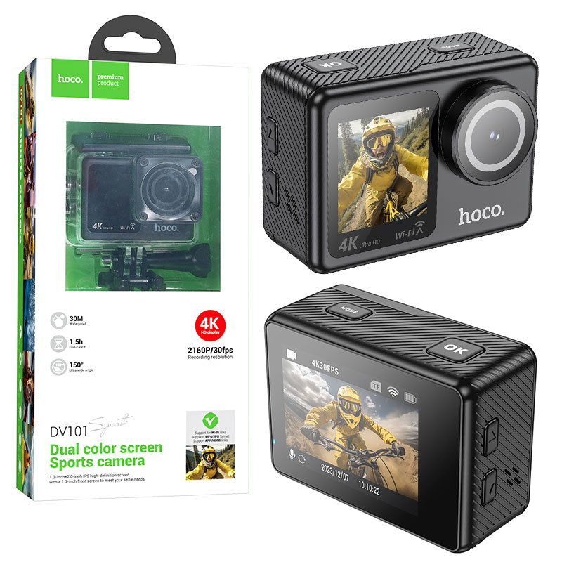 Hoco (DV101) - Camera Video, Action/Sport, cu ecran Dual LCD, UHD 4K/30fps, HDMI, Black