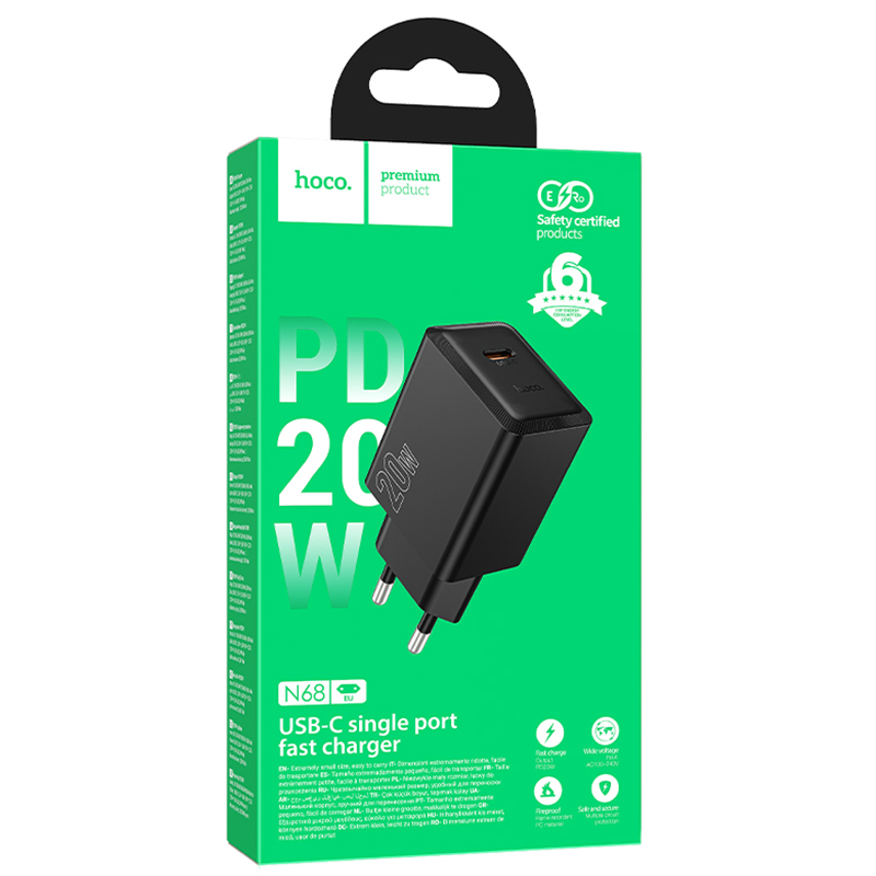 Hoco (N68) » Incarcator Retea, (PD20W) 5V, 3A, 1xUSB-C, FastCharge, BLACK