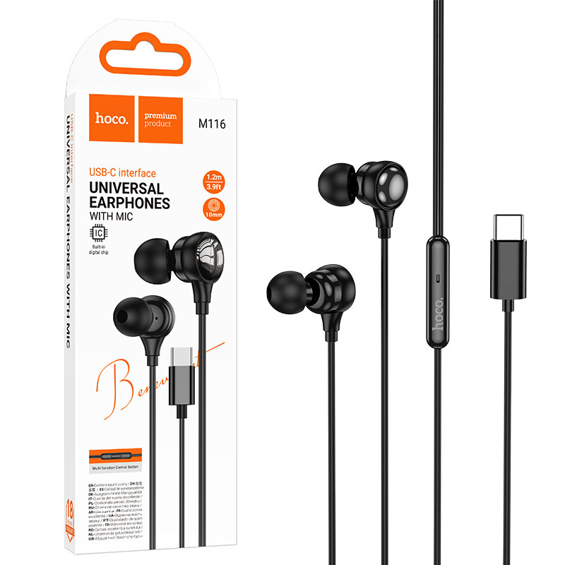 Hoco (M116) » Casti cu Fir, InEar, USB-C, 1.2m cablu, BLACK