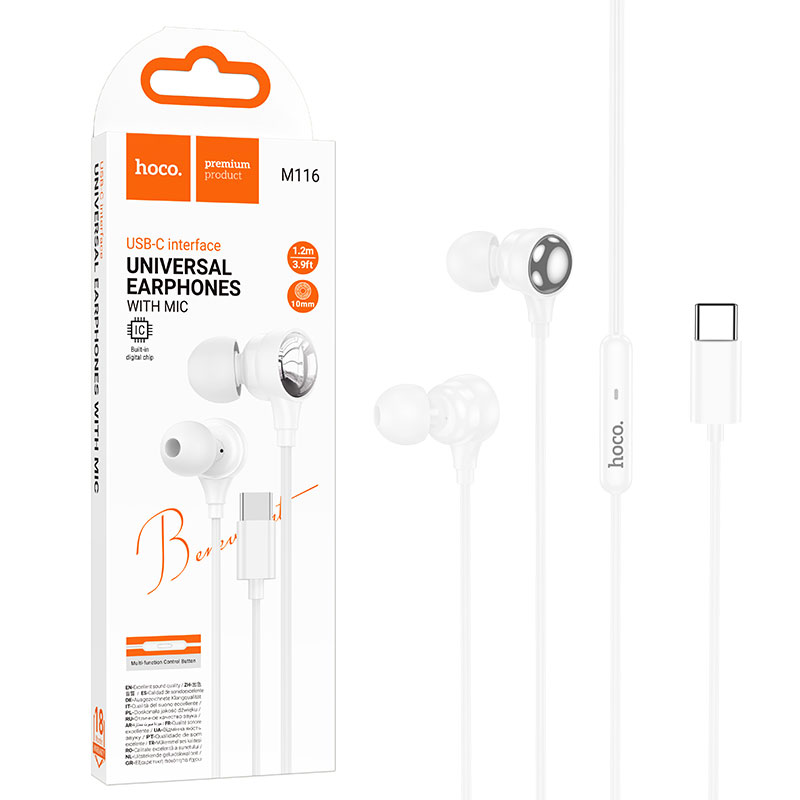 Hoco (M116) » Casti cu Fir, InEar, USB-C, 1.2m cablu, WHITE