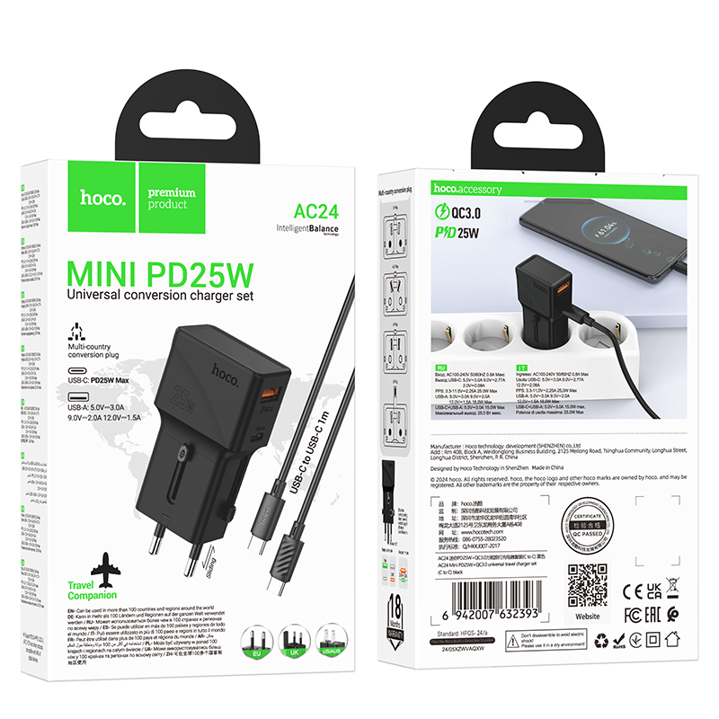 Hoco (AC24) » Adaptor Priza + Cablu USB-C, 1m, PD25W, 1xUSB-C, 1xUSB, MultiSockets, BLACK