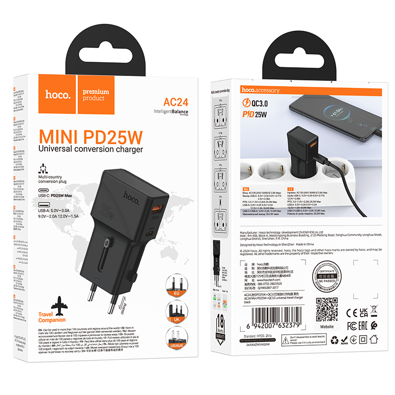 Hoco (AC24) » Adaptor Socket, PD25W, 1xUSB-C, 1xUSB, MultiSockets, BLACK