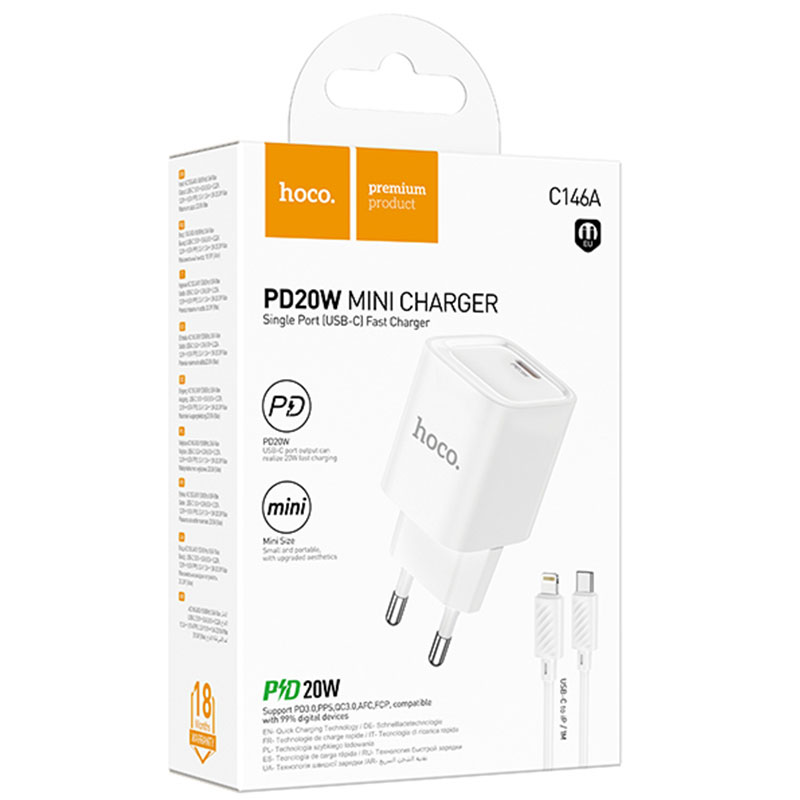 Hoco (C146A) » Incarcator Retea + Cablu Lightning, 1m, PD20W, 1xUSB-C, FastCharge, WHITE
