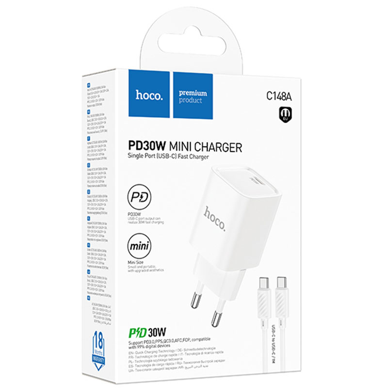 Hoco (C148A) » Incarcator Retea + Cablu USB-C, 1m, PD30W, 1xUSB-C, FastCharge, WHITE