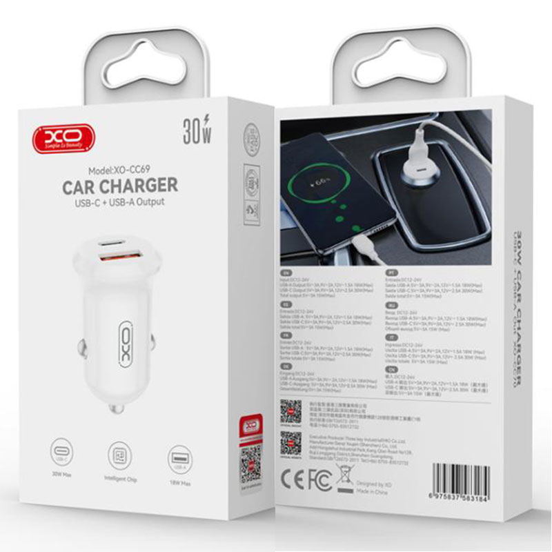XO (CC69) » Incarcator Auto, PD30W, 1xUSB-C, 1xUSB, MiniSmart, WHITE
