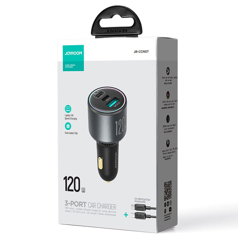 Joyroom (JR-CCN07) » Incarcator Auto + Cablu USB-C, 0m, PD120W, 2xUSB-C, 1xUSB, FastCharge, GRAY