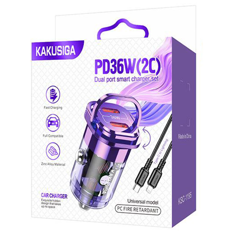 Kakusiga (KSC-1195) » Incarcator Auto + Cablu Lightning, 0m, 3.4A, 2xUSB-C, RingPull, PURPLE