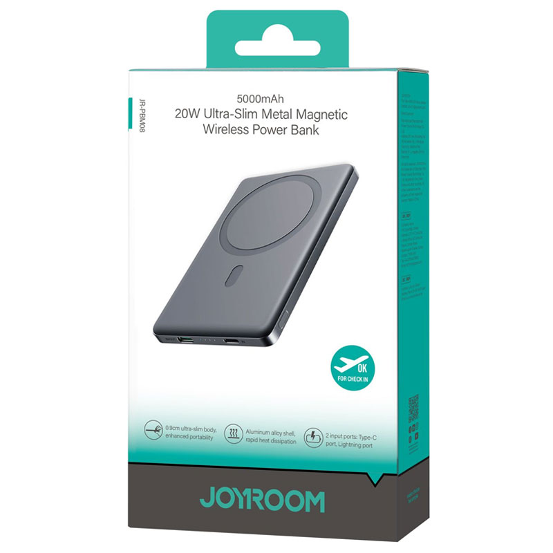 Joyroom (PBM08) » PowerBank, Wireless, 20W, 1xUSB-C, 1xUSB, PD, QC3.0, Fast, UltraThin, GRAY