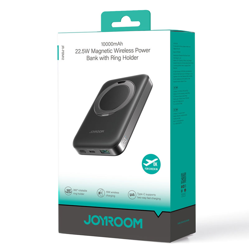 Joyroom (PBM12) » PowerBank, Wireless, 22.5W, 1xUSB-C, 1xUSB, PD, QC3.0, Fast, Ring Stand, BLACK