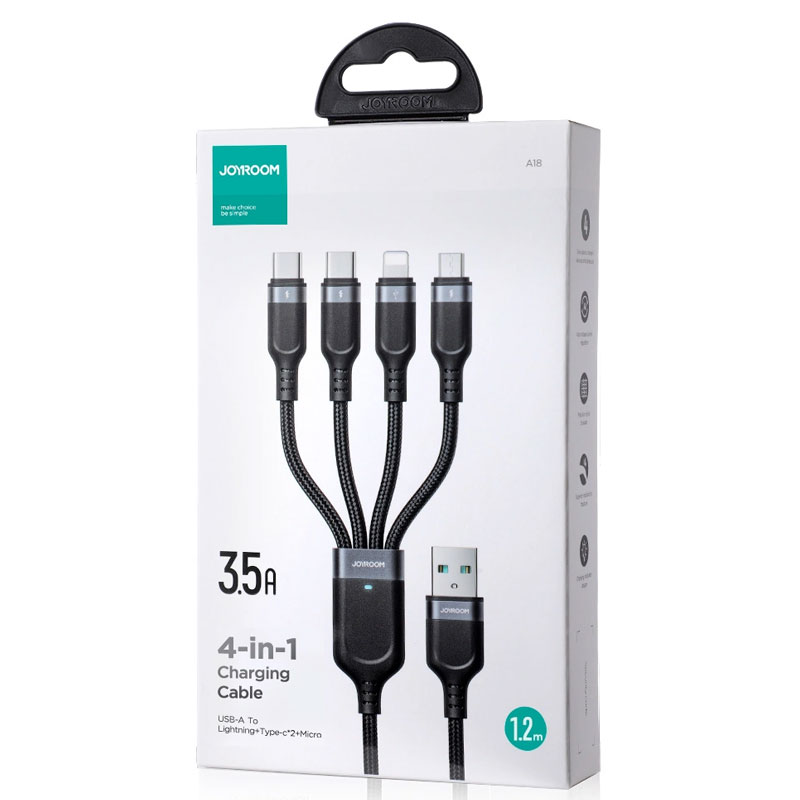 Joyroom (S-A18) » Cablu Date si Incarcare, USB-A la 2xUSB-C/Lightning/microUSB, 3.5A, 4in1, 1.2m, BLACK