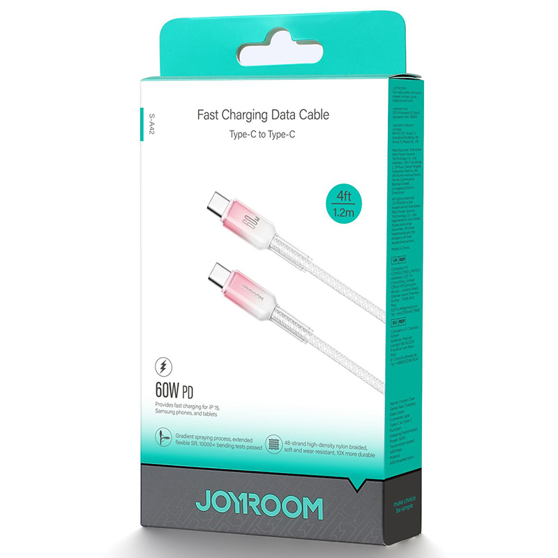 Joyroom (A42) » Cablu Date si Incarcare, USB-C, PD60W, QC3.0, Fast, Crystal, 1.2m, WHITE