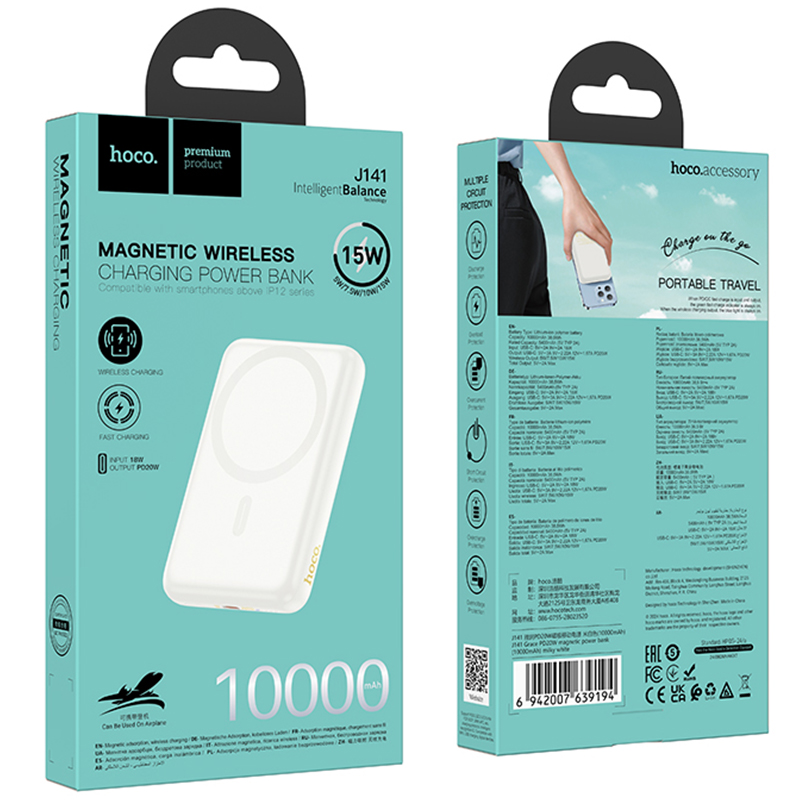Hoco (J141) Baterie de rezerva, Powerbank Wireless, MagSafe, Magentica, PD20W, 1xUSB-C (10.000mAh), Milky WHITE