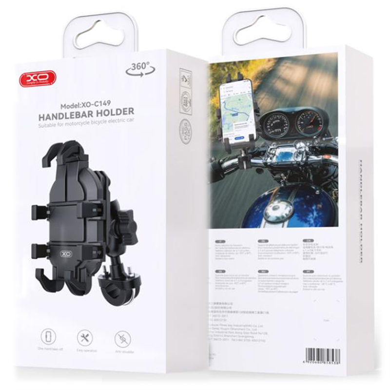 XO (C149) Suport Moto/Bike, cleme laterale, montaj Ghidon, Anti-Shock, MultiAngle, Black