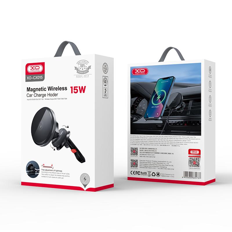 XO (CX015) Suport Auto cu incarcare Wireless, 15W, Magnetic, montaj Ventilatie, SecureLock, Black