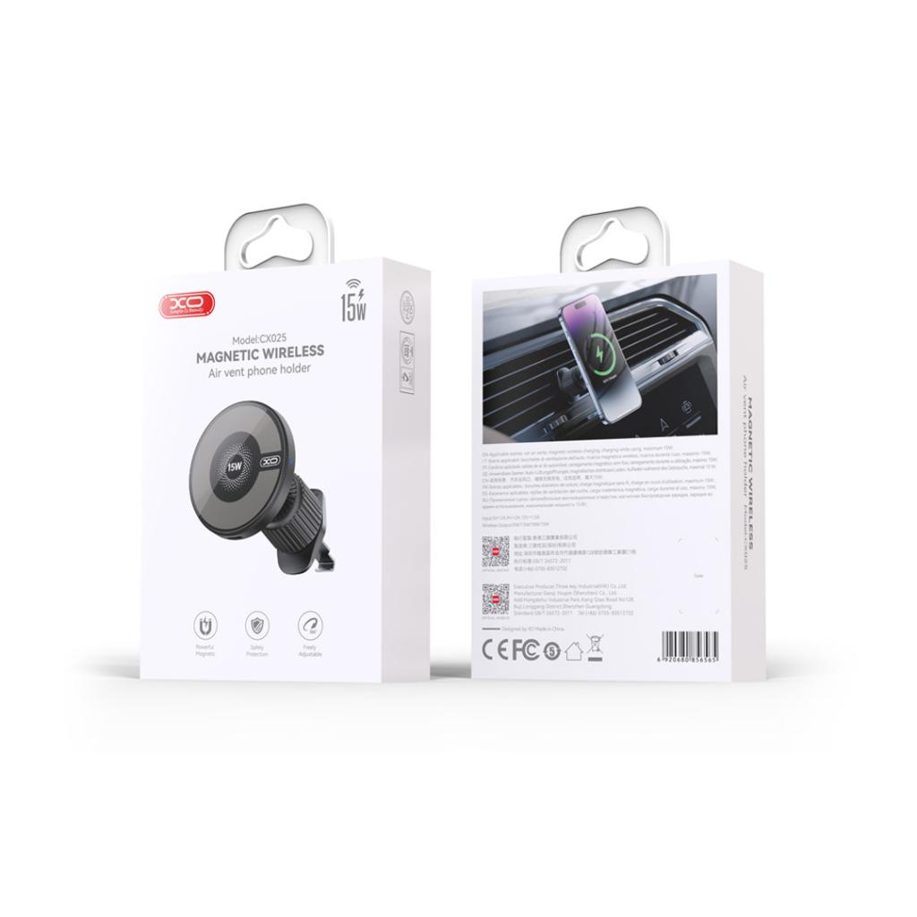 XO (CX025) Suport Auto cu incarcare Wireless, 15W, Magnetic, montaj Ventilatie, MultiAngle, PullClip, Black