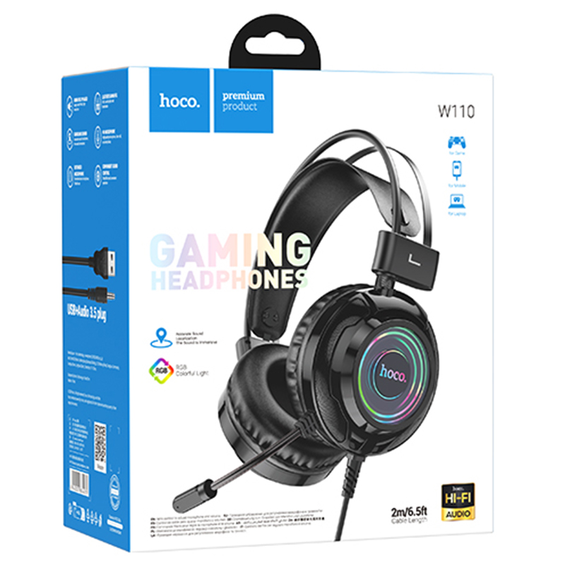 Hoco (W110) Casti cu Fir, Over Ear, 3.5mm, 2m cablu, Gaming, Light Ambient, Black