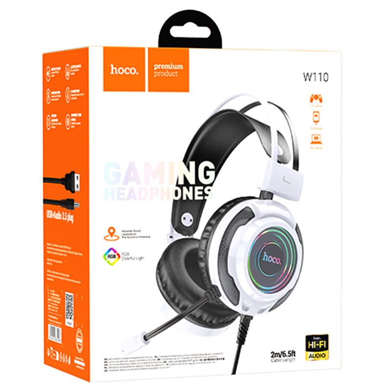 Hoco (W110) Casti cu Fir, Over Ear, 3.5mm, 2m cablu, Gaming, Light Ambient, WHITE