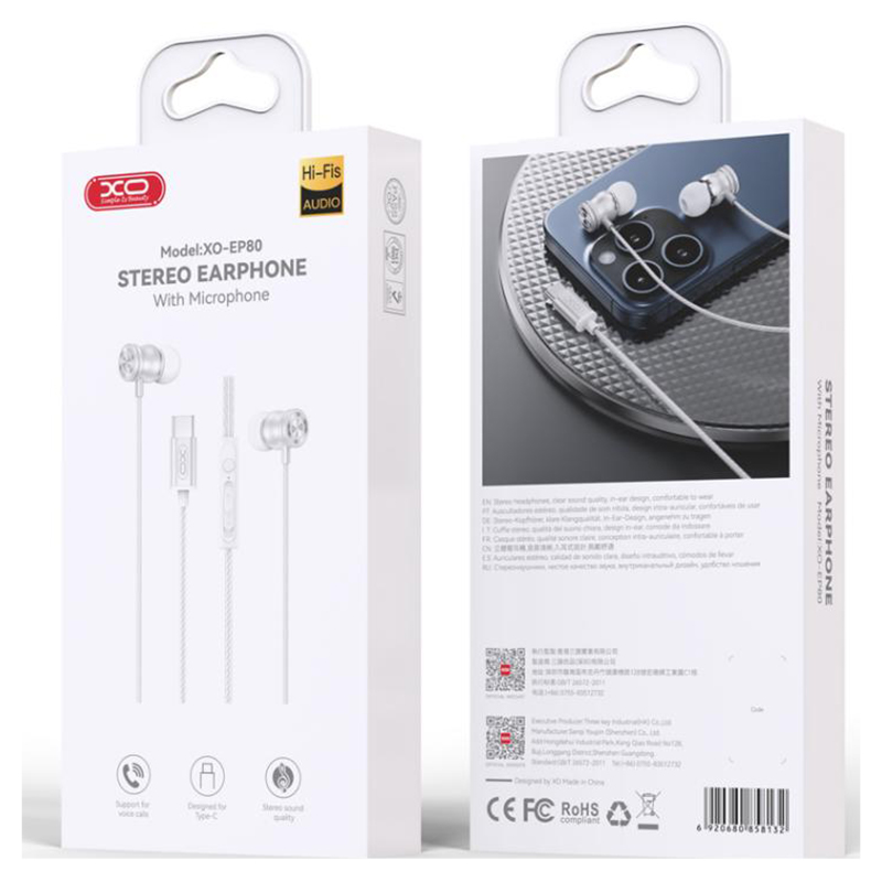 XO (EP80) Casti cu Fir, In Ear, USB-C, 1.2m cablu, Digital, WHITE