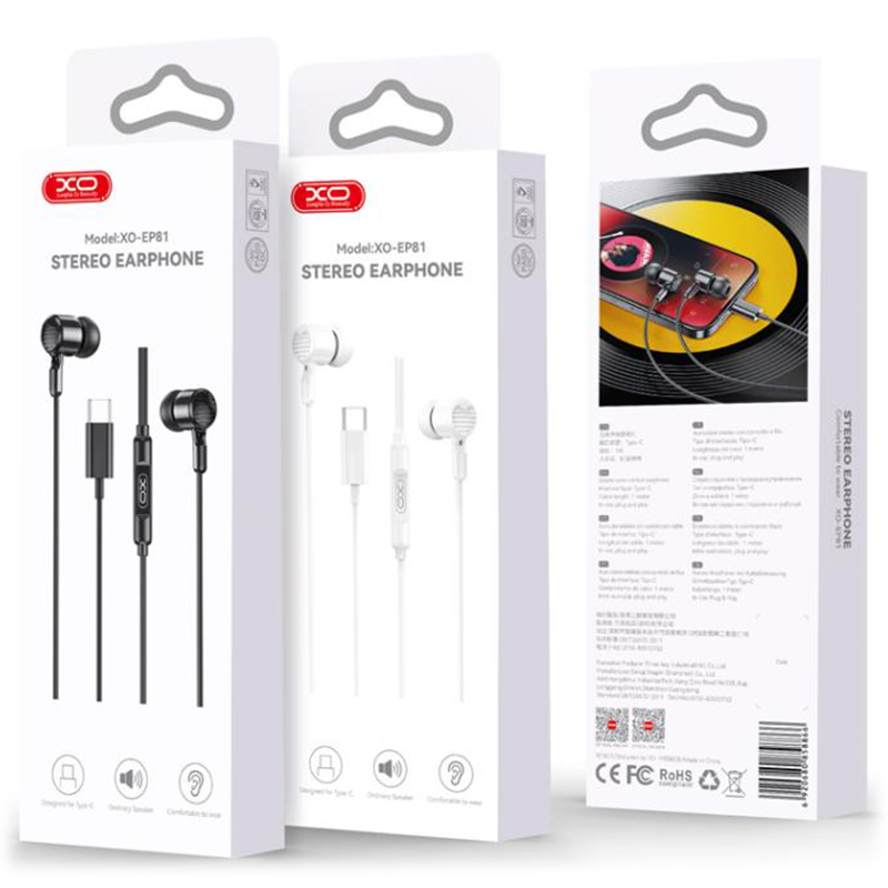 XO (EP81) Casti cu Fir, In Ear, USB-C, 1.2m cablu, Digital, Black