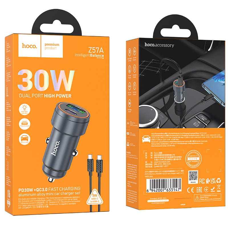 Hoco (Z57A) - Incarcator Auto + Cablu USB-C, 1m, PD30W, 1xUSB-C, 1xUSB-A, Gray