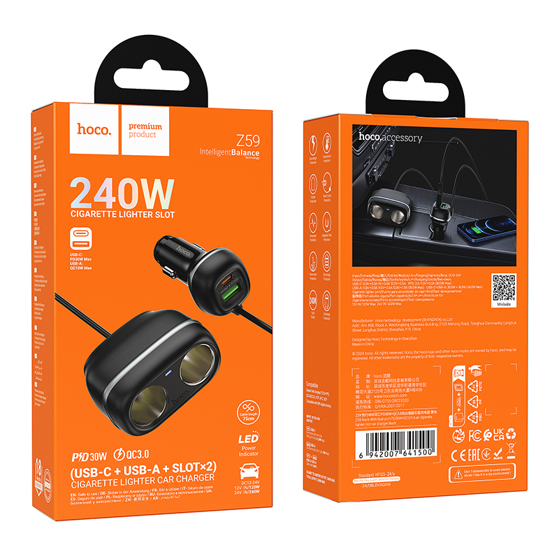Hoco (Z59) - Incarcator Auto Cu Fir, PD48W, 1xUSB-C, 1xUSB-A, Black
