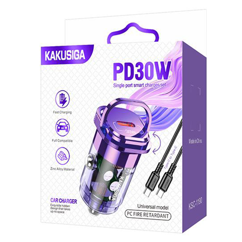 Kaku (KSC-1190) - Incarcator Auto + Cablu USB-C, 1m, PD30W, 1xUSB-C, Purple