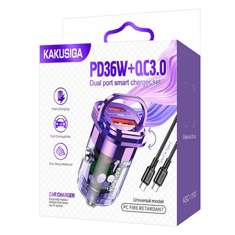 Kaku (KSC-1193) - Incarcator Auto + Cablu USB-C, 1m, PD36W, 1xUSB-C, 1xUSB-A, Purple