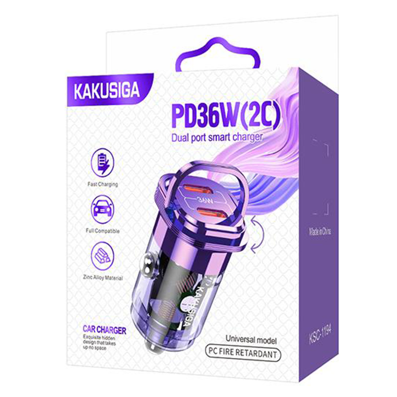 Kaku (KSC-1194) - Incarcator Auto + Cablu , 0m, PD36W, 2xUSB-C, Purple
