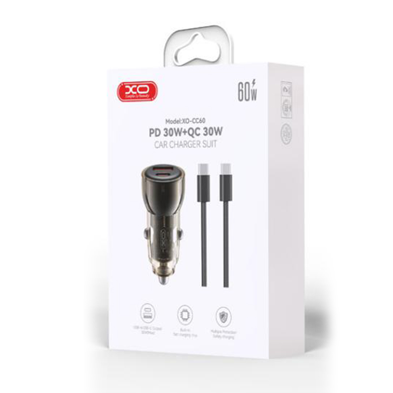 XO (CC60) - Incarcator Auto + Cablu USB-C, 1m, PD60W, 1xUSB-C, 1xUSB-A, Black
