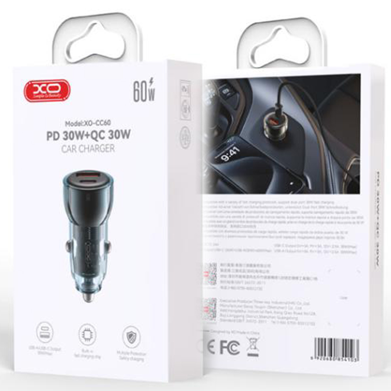 XO (CC60) - Incarcator Auto, PD60W, 1xUSB-C, 1xUSB-A | Blue