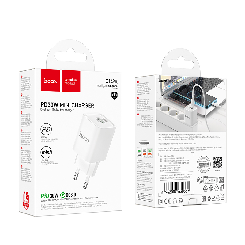 Hoco (C149A) - Incarcator Retea, PD30W, 1xUSB-C, 1xUSB-A, White