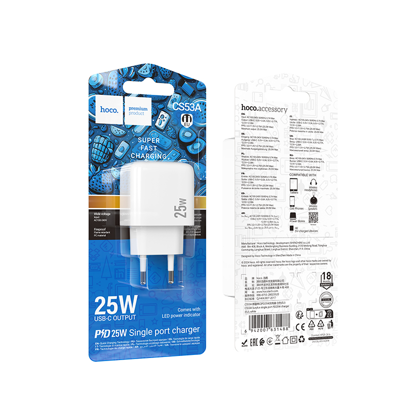 Hoco (CS53A) - Incarcator Retea, PD25W, 1xUSB-C, White