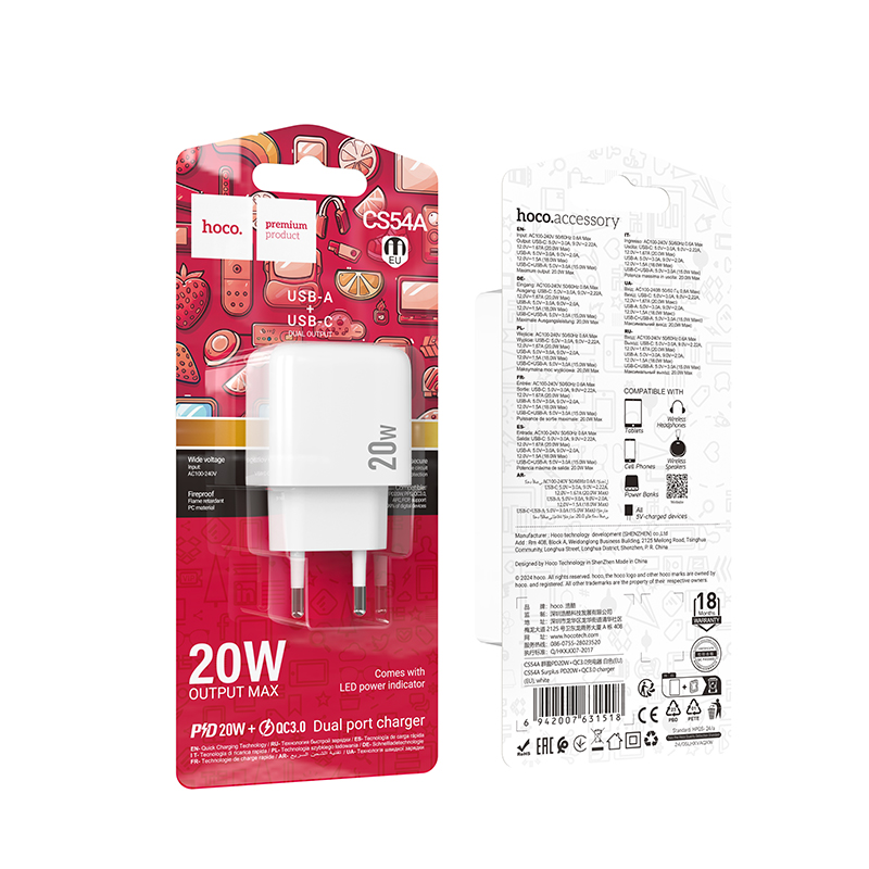 Hoco (CS54A) - Incarcator Retea, PD20W, 1xUSB-C, 1xUSB-A, White