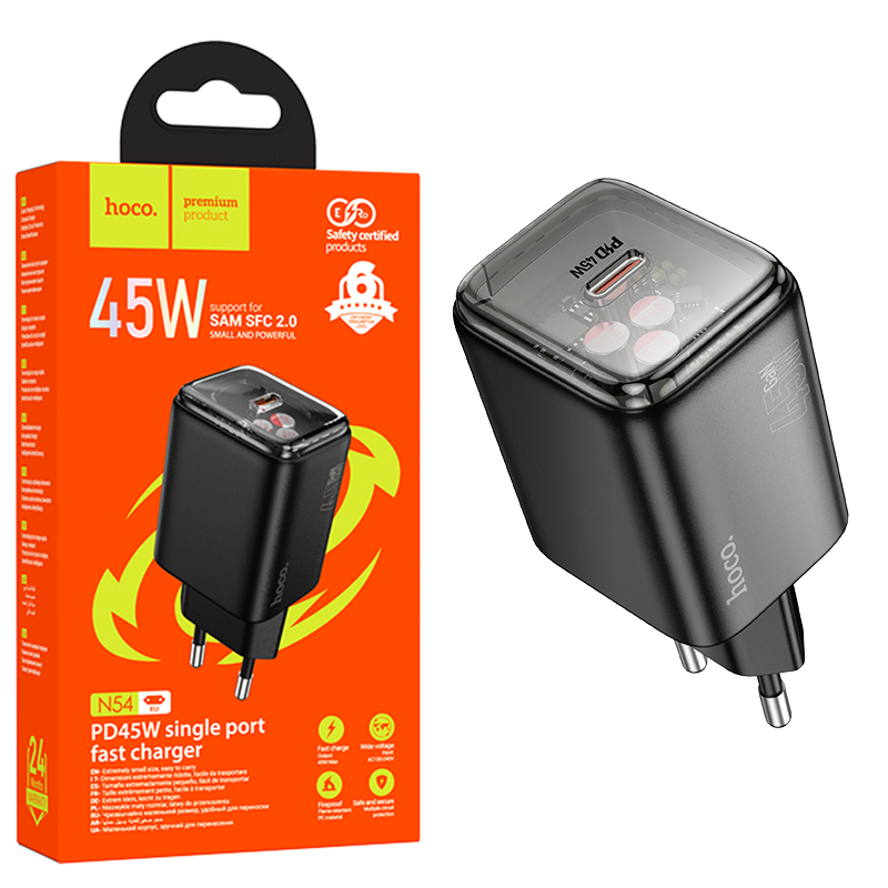 Hoco (N54) - Incarcator Retea, PD45W, 1xUSB-C, Black