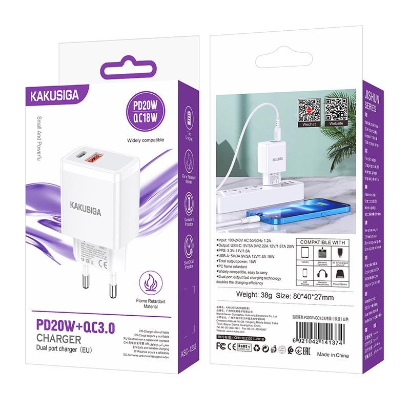 Kaku (KSC-1252) - Incarcator Retea, PD20W, 1xUSB-C, 1xUSB-A, White