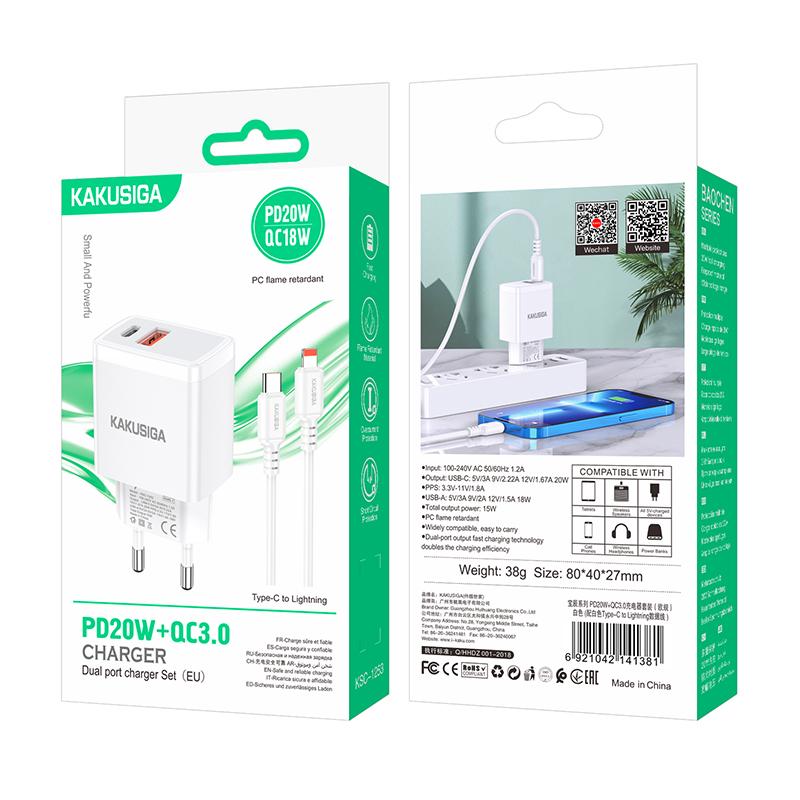 Kaku (KSC-1253) - Incarcator Retea + Cablu Lightning, 1m, PD20W, 1xUSB-C, 1xUSB-A, White