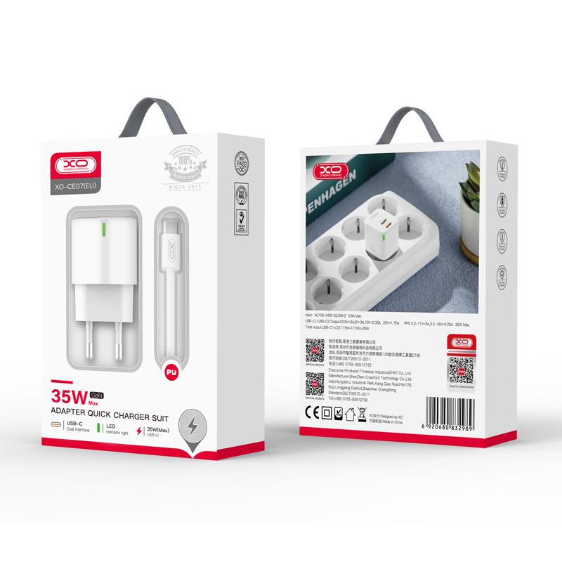 XO (CE07) - Incarcator Retea + Cablu USB-C, 1m, GaN, PD35W, 2xUSB-C, White